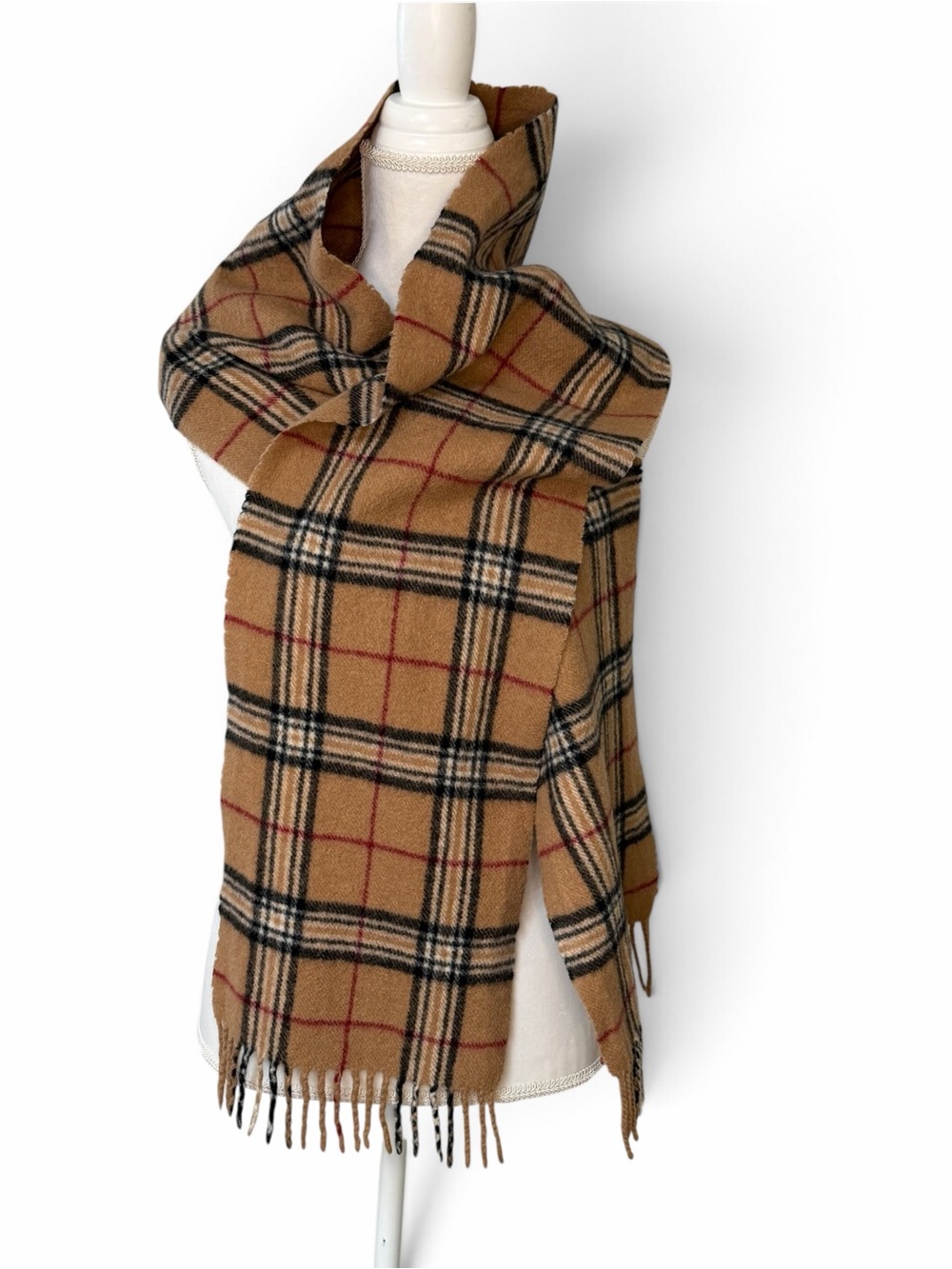 Bellantare Cashmere Blend Plaid Scarf Made in Italy Camel Nova Check 68”x9.5”